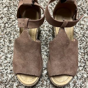 Wedges, dark tan/pink, ankle strap, size 6 1/2